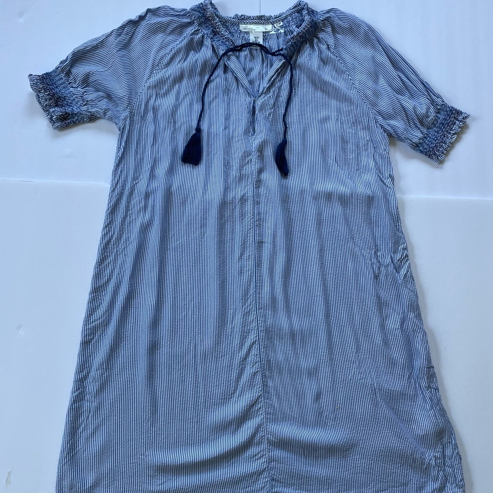 Blue and White Striped Peasant Dress with Tassel Tie